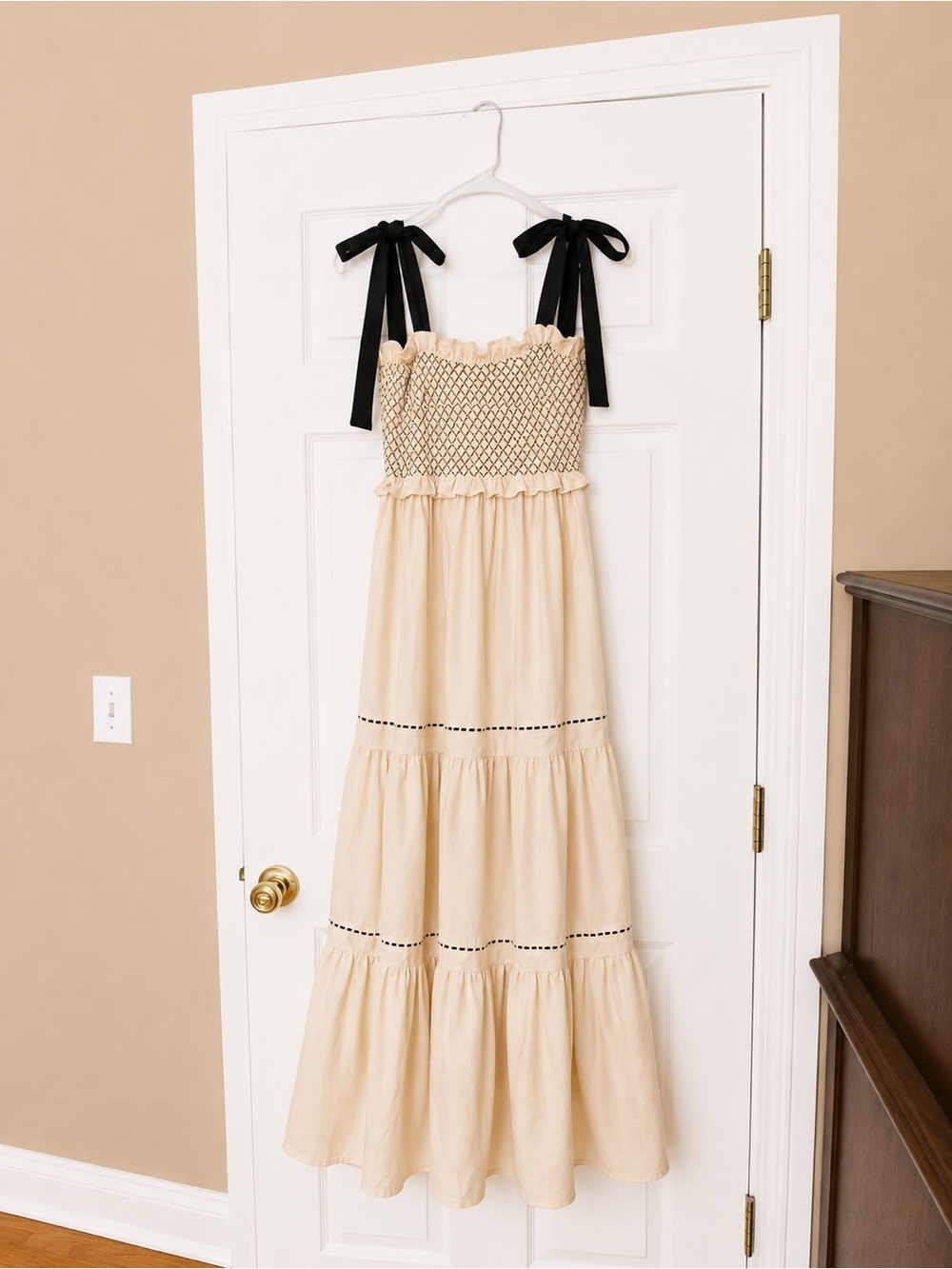 Cream Tiered Sundress with Black Ribbon Straps